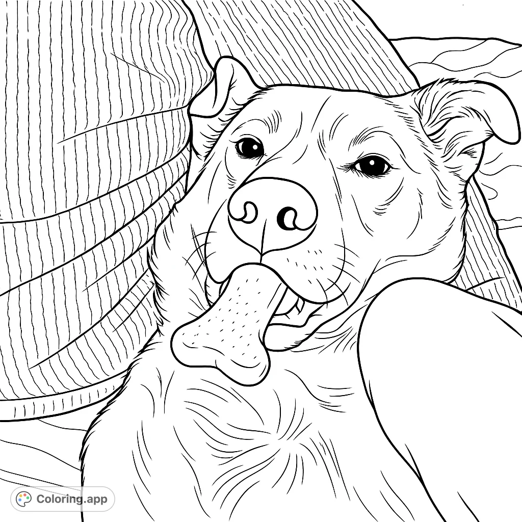 Snuggle up with this adorable dog coloring page featuring a happy pup relaxing under a blanket with its favorite bone-shaped biscuit. Perfect for animal lovers!