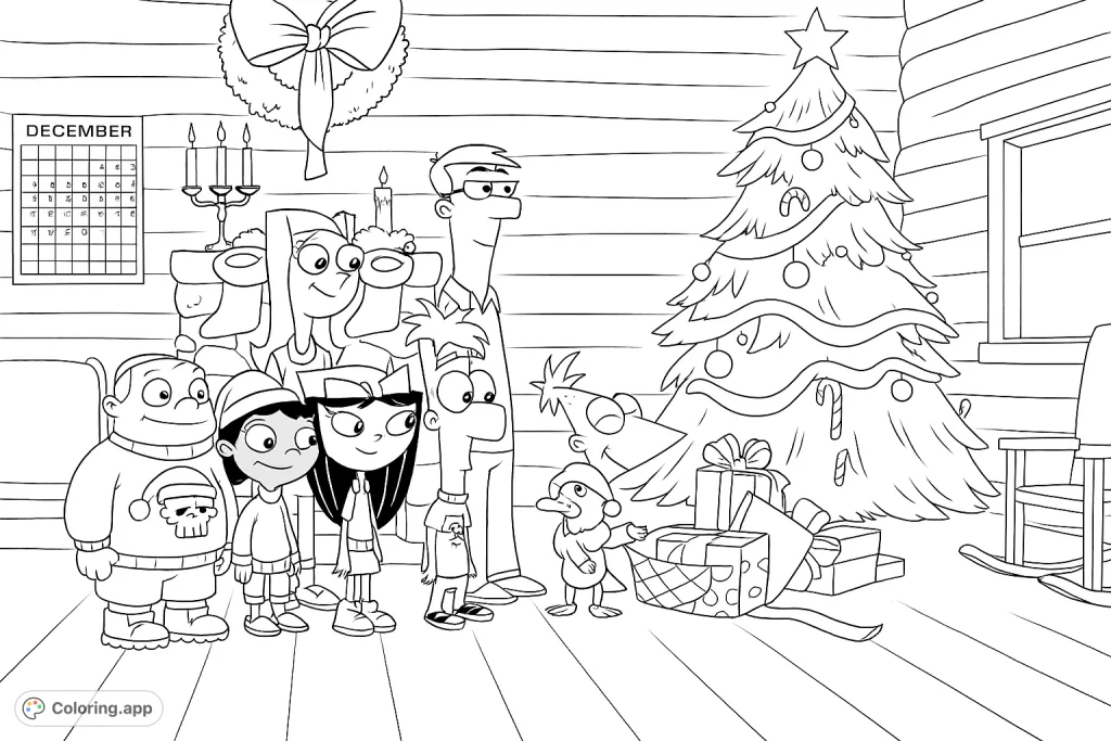 Join Phineas, Ferb, and friends in a festive log cabin, celebrating the holidays with a beautifully decorated tree and gifts. A cheerful scene for all ages.