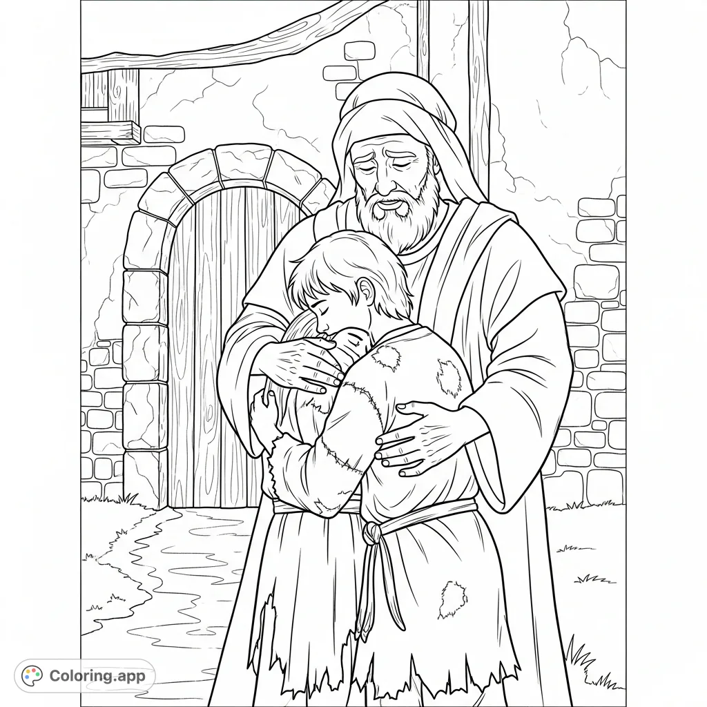 A heartwarming biblical parable coloring page depicting a father's emotional embrace of his returning prodigal son. Perfect for reflection and family values.