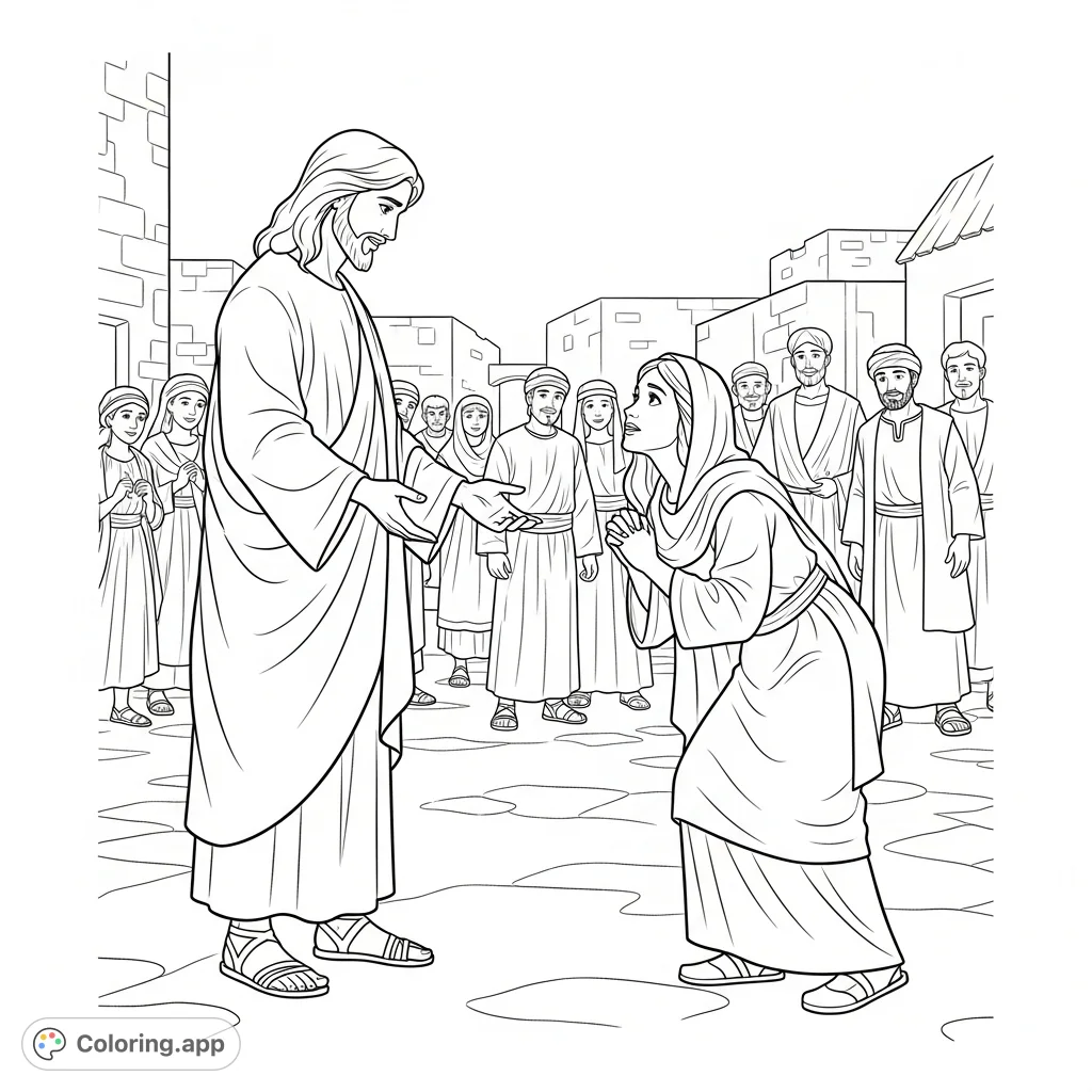 A compassionate scene depicting Jesus extending his hand to heal a woman bent over, surrounded by onlookers. A powerful image of faith and miracles.