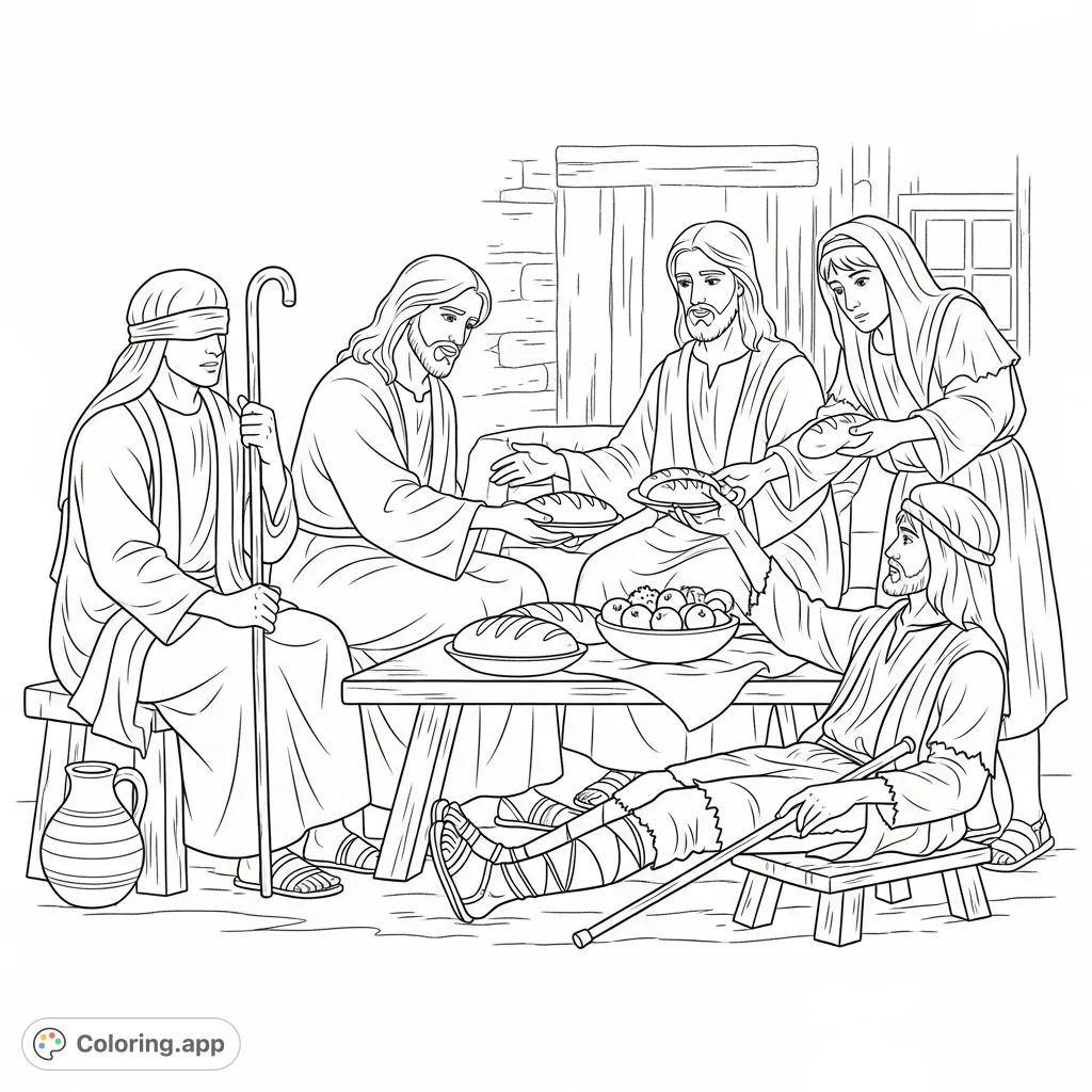 Depicting Jesus sharing a humble meal with the poor, blind, and lame, this coloring page embodies compassion and community in a rustic setting.