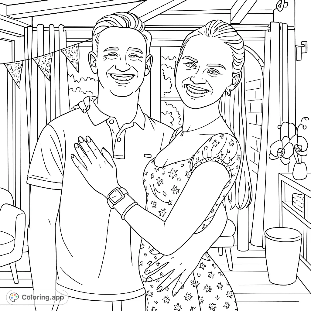 A joyful couple embracing in a celebratory setting, featuring a floral dress, festive banner, and orchids. Perfect for personalizing with your favorite shades.