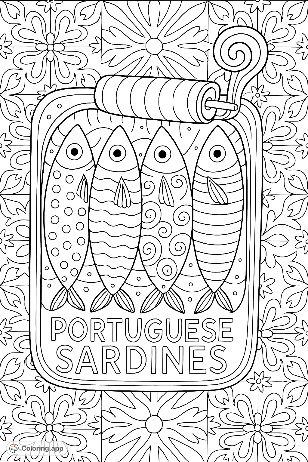Explore a charming Portuguese sardine can with four distinctively patterned fish, set against a background of intricate decorative tiles. A delightful cultural coloring experience.