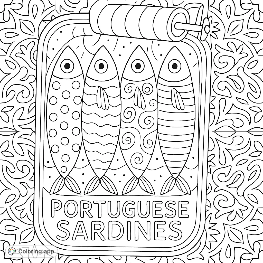Explore a charming Portuguese sardine can with four uniquely patterned fish. Intricate tiled background adds to this delightful and detailed cultural coloring experience.