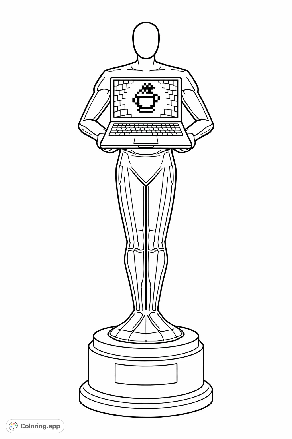 Celebrate digital success with this unique award trophy coloring page, featuring a stylized figure holding an open laptop with a pixelated icon on the screen.
