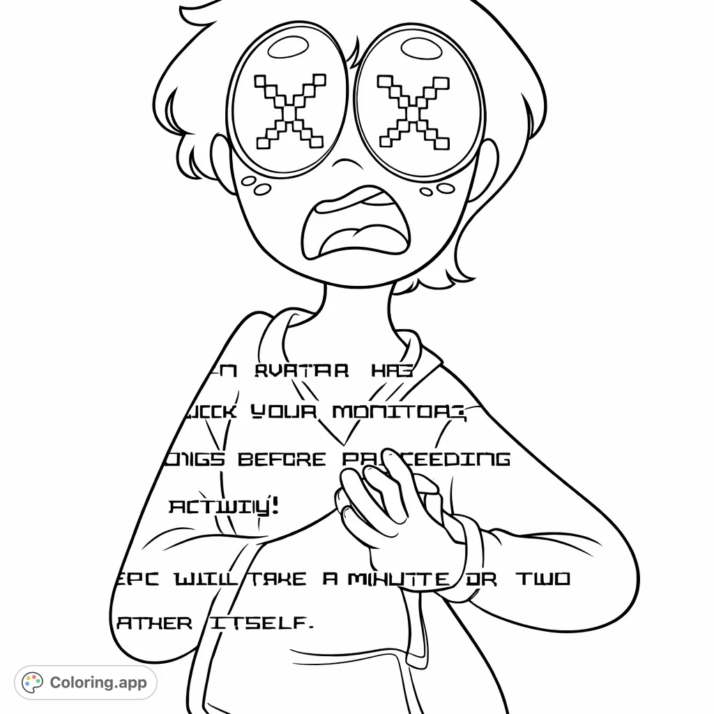 Explore this cartoon character with pixelated eyes and a shocked expression. A fun, unique digital-themed coloring page for creative minds.