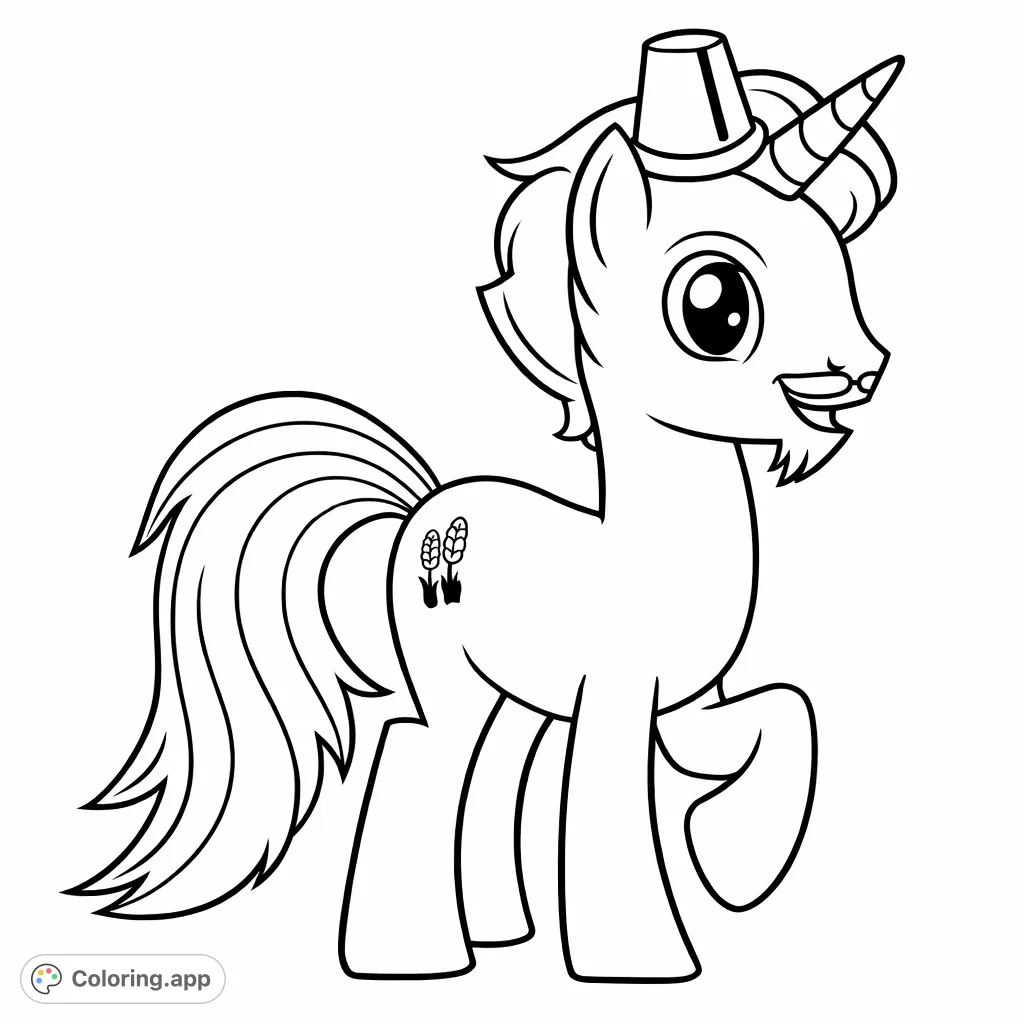 A charming unicorn pony sports a distinct fez hat and a unique film reel cutie mark. Perfect for fans of animated fantasy characters.