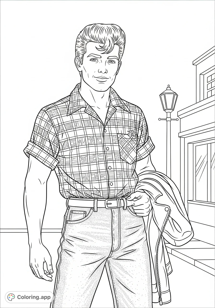 Step back to the 50s! Color a cool greaser with a pompadour, denim jeans, and a distinctive madras shirt in a classic street scene.