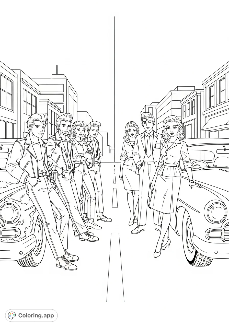 Dive into a nostalgic street scene featuring greasers, social elite, cool classic cars, and well-used automobiles. A contrasting retro coloring page.