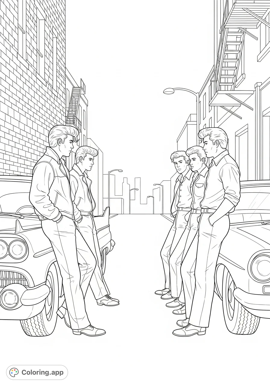 A classic 1950s street scene depicting the iconic rivalry between greasers and socs. Capture their distinct styles and the tense atmosphere.