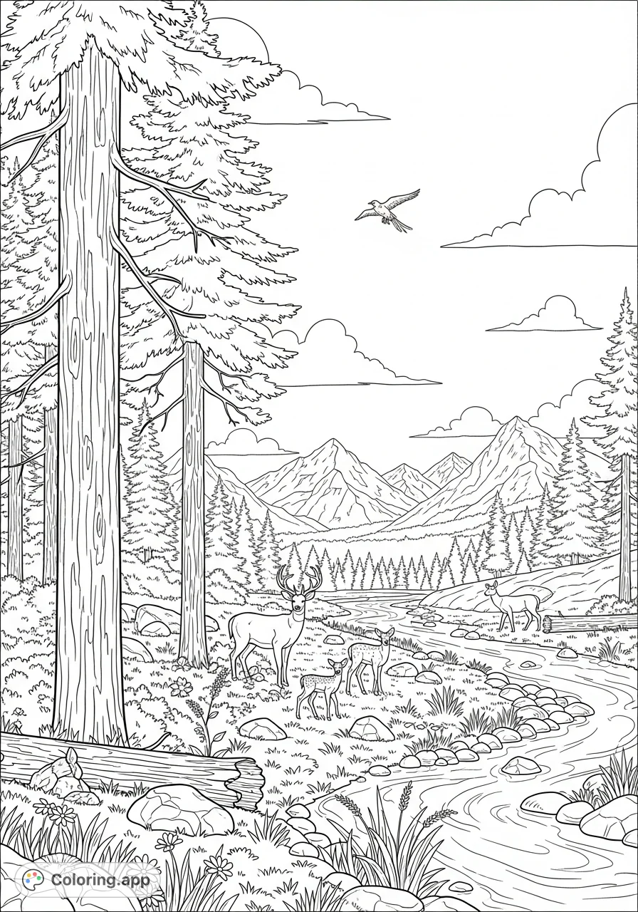Explore a serene wilderness coloring page featuring towering trees, majestic mountains, a winding river, and a family of deer. Perfect for nature lovers!