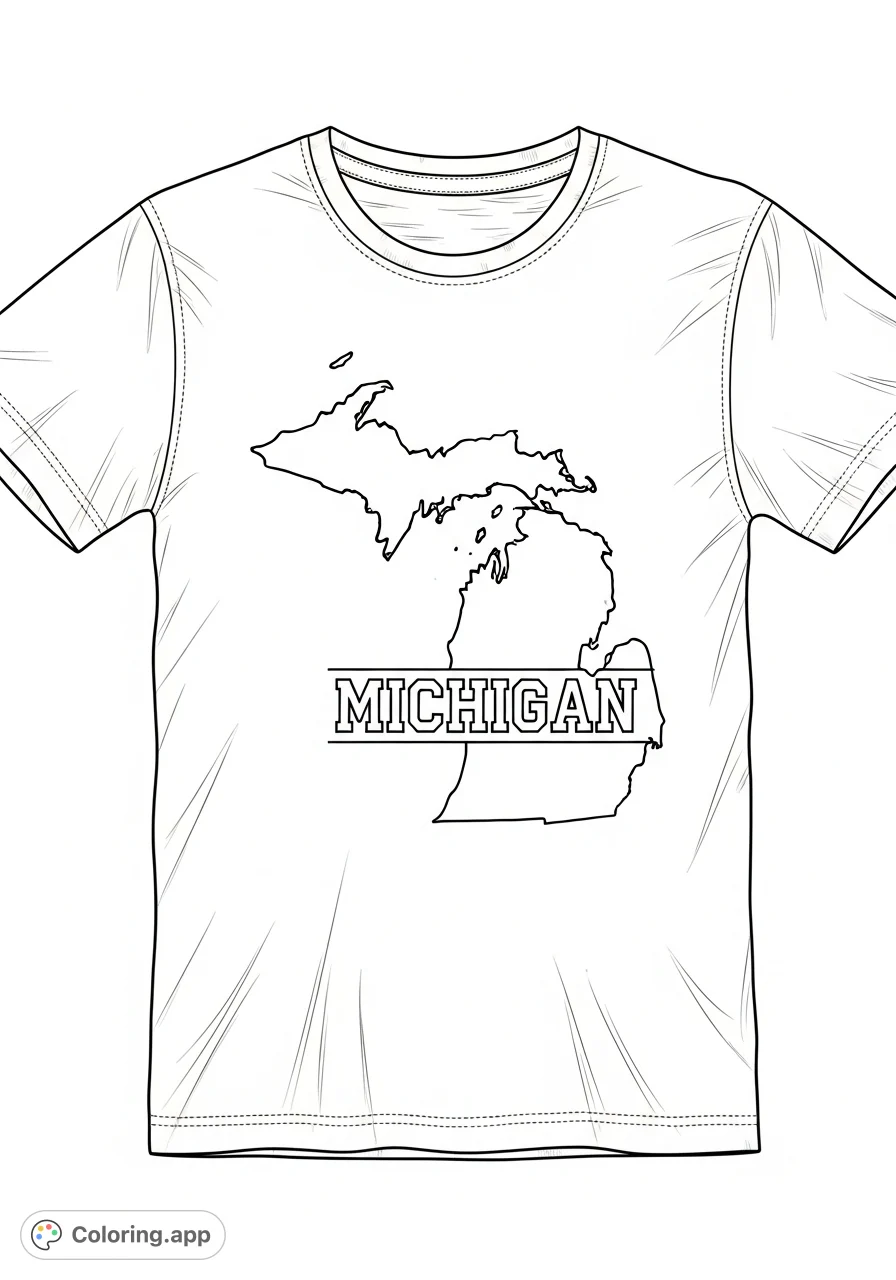 Color a cool Michigan t-shirt featuring the detailed state outline and bold 'MICHIGAN' text. Perfect for showing state pride and creative expression!