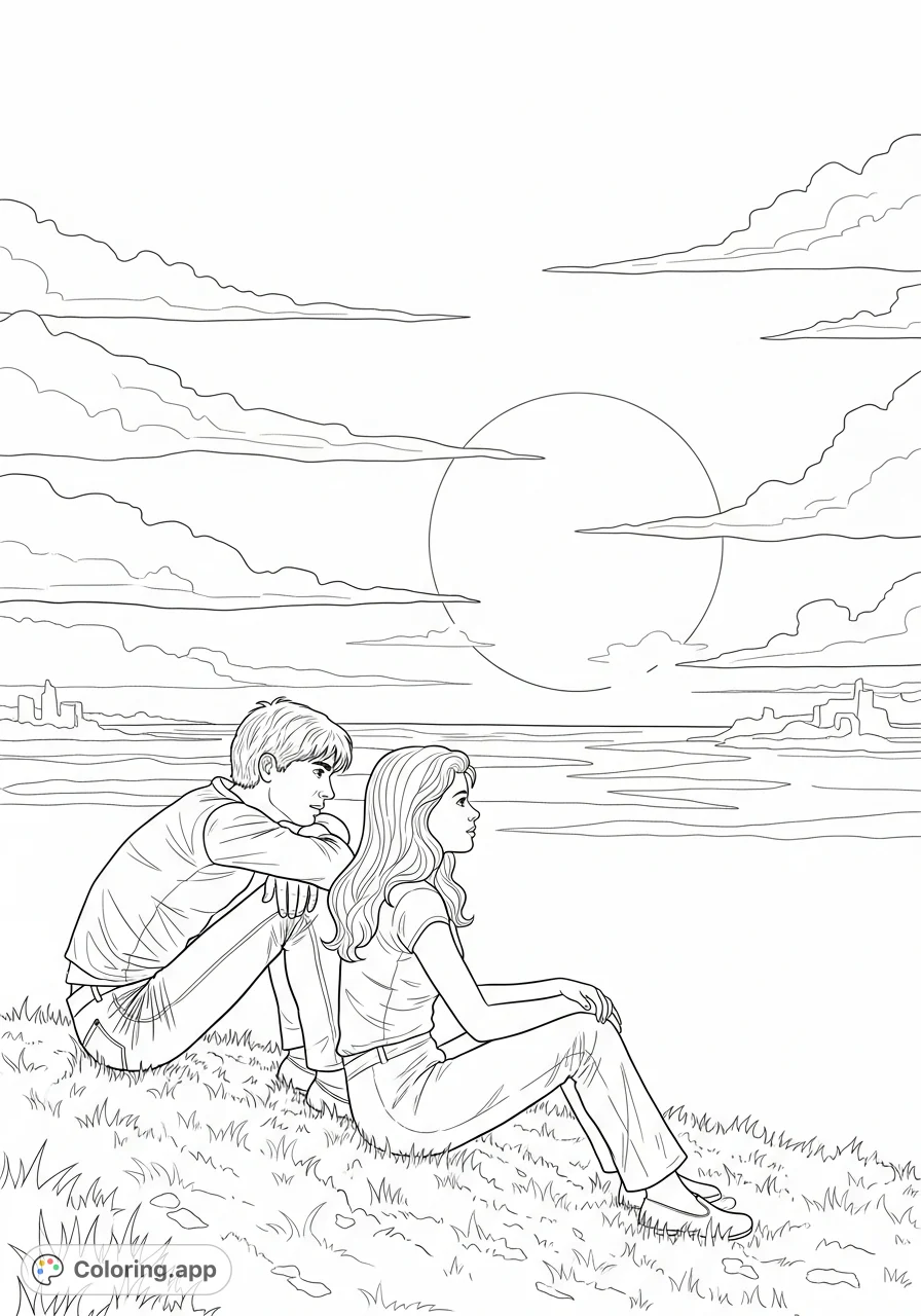 Capture Ponyboy and Cherry sharing a quiet moment, observing a dramatic sunset vista. A scene of conversation and contemplation from the classic story.