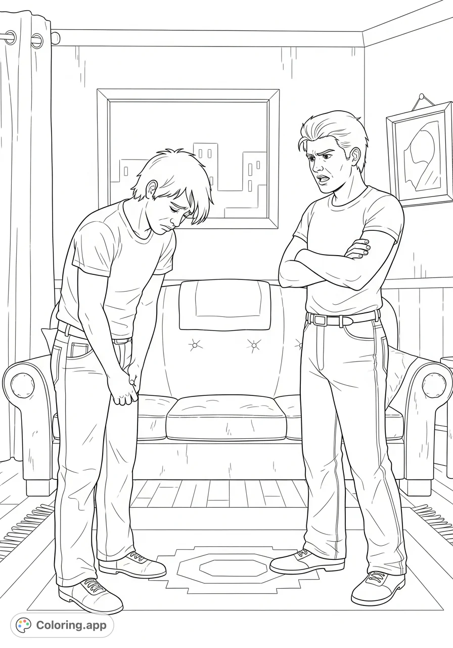 A powerful scene from "The Outsiders" depicting Ponyboy's dejection and Darry's frustration during an argument, set in their modest living room.