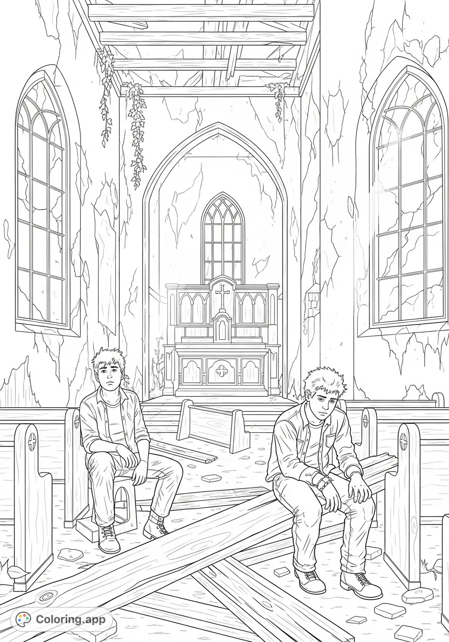 An evocative Ponyboy and Johnny coloring page capturing the poignant scene of their hideout in a decaying church. Perfect for fans of the classic novel.