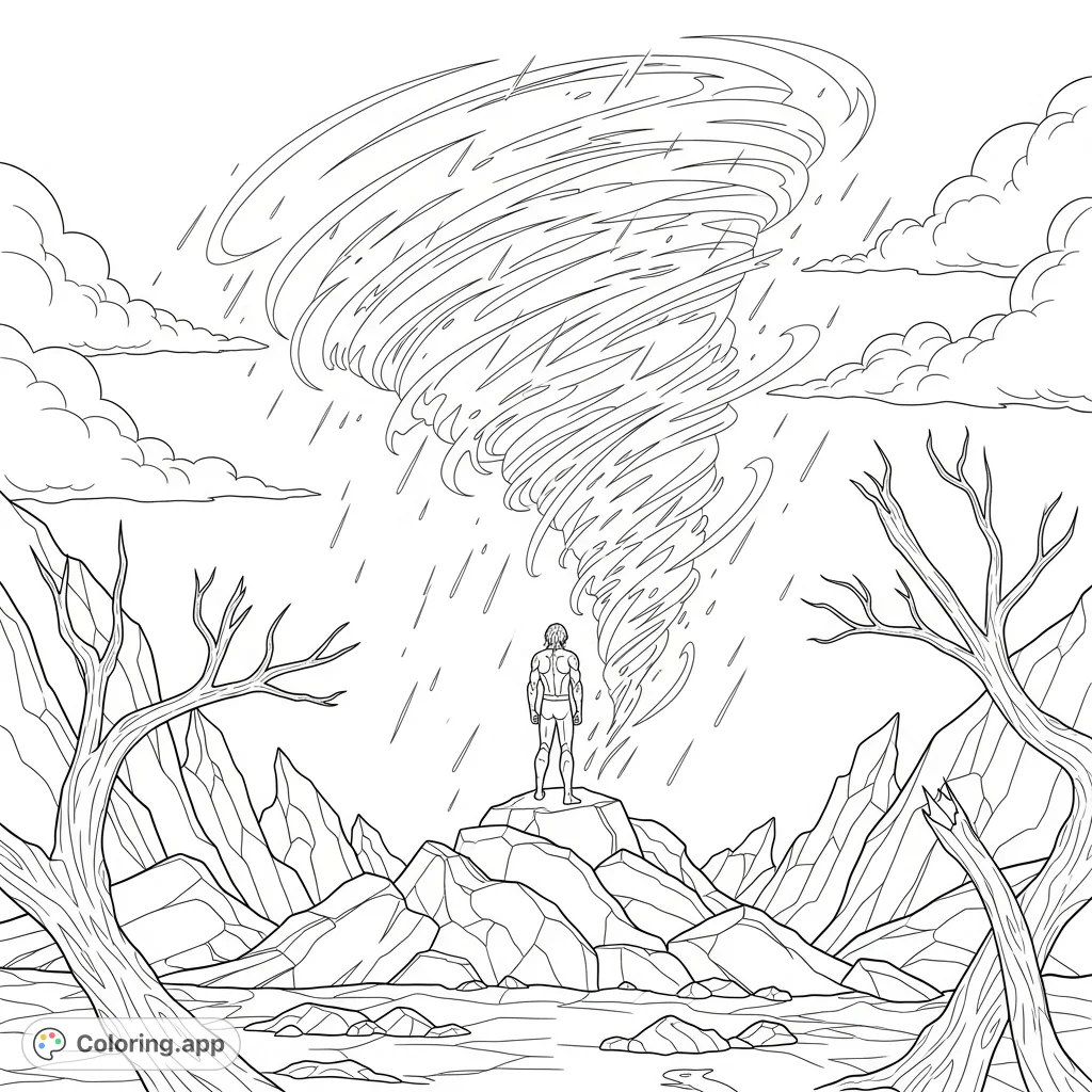 A powerful adversity coloring page depicting a solitary figure enduring a stormy landscape, symbolizing strength and resilience.