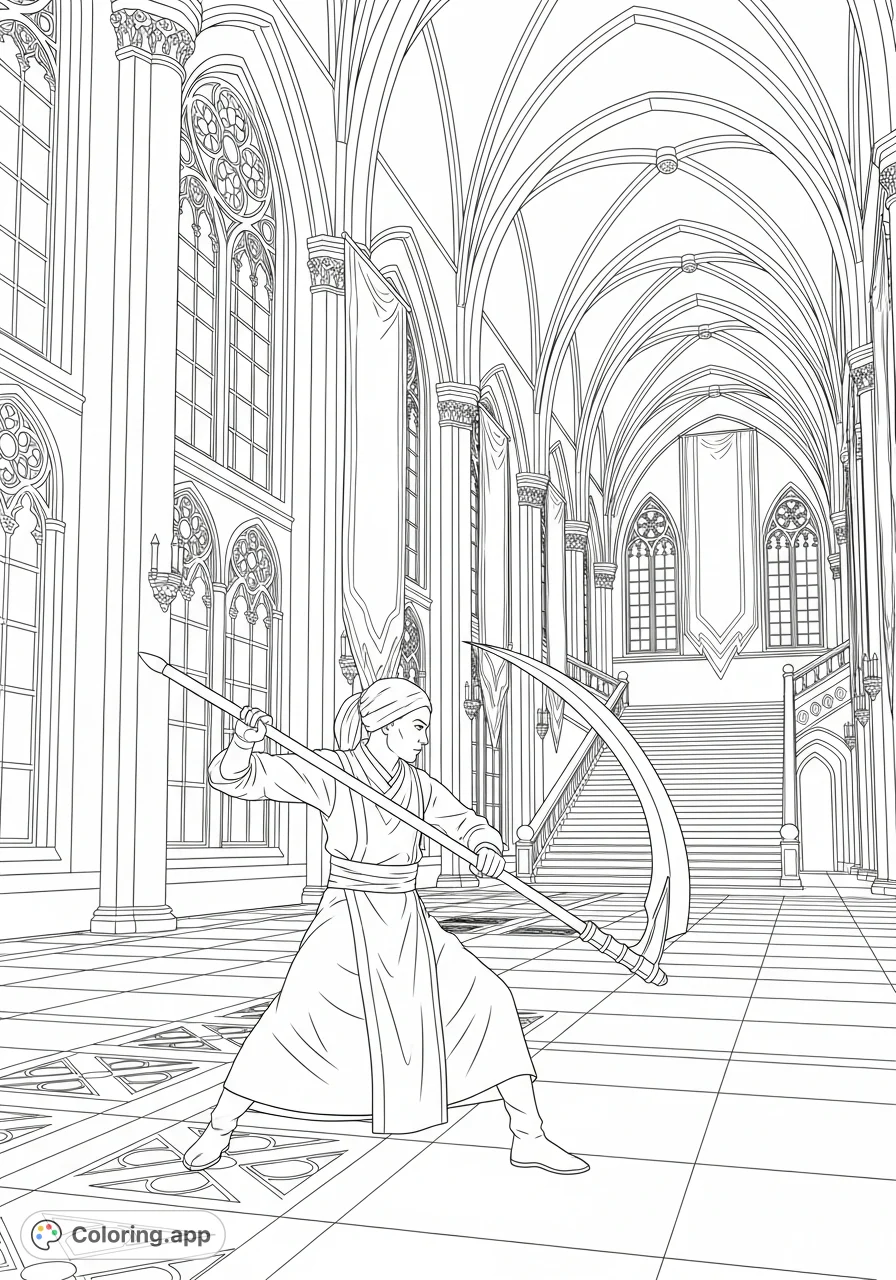 Discover Rowan, the compassionate scythe, training within a magnificent grand hall. A detailed fantasy coloring page for focus and creativity.