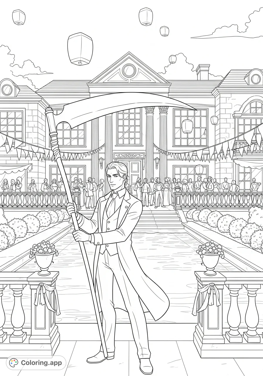 Immerse yourself in Scythe Goddard's opulent world! This intricate coloring page features him at his grand estate, with a shimmering pool and lively party scene.