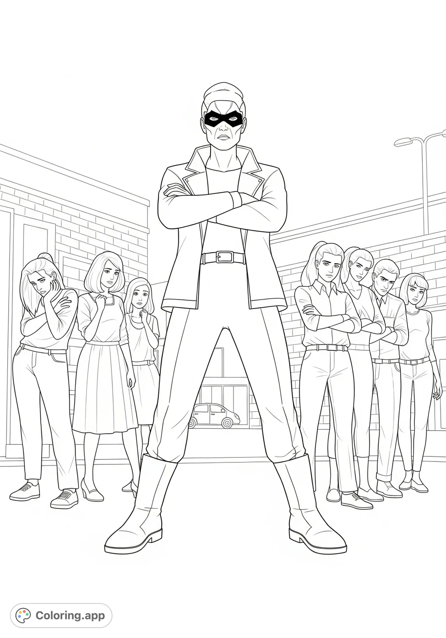 Explore complex social dynamics with this engaging coloring page featuring a dominant figure and various group reactions. Perfect for discussing social power.