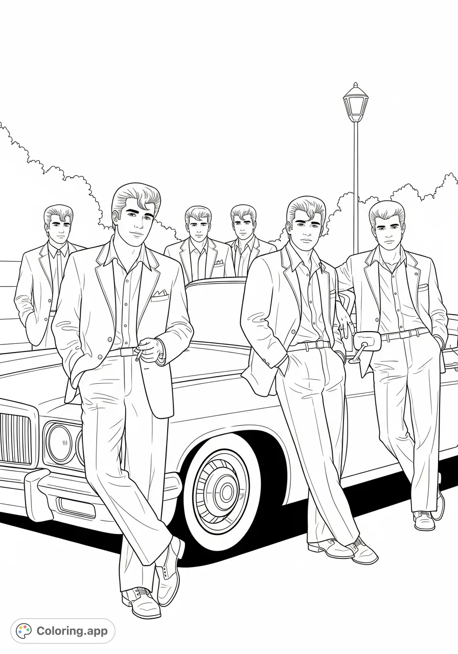 Step into the world of The Outsiders with this dynamic coloring page featuring the affluent Socs and their classic car. Perfect for fans of the novel!