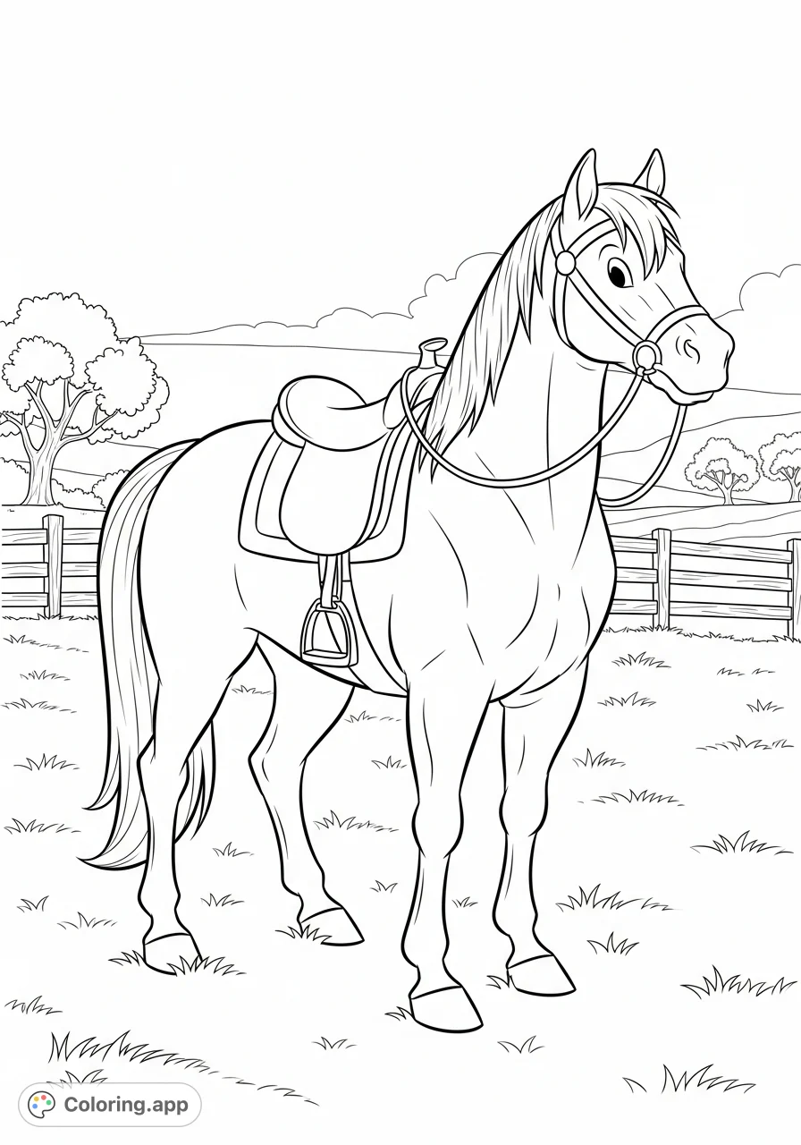 Discover Sodapop's loyal horse, Mickey Mouse, standing gracefully with full tack in a serene pasture. A detailed horse coloring page for fans.