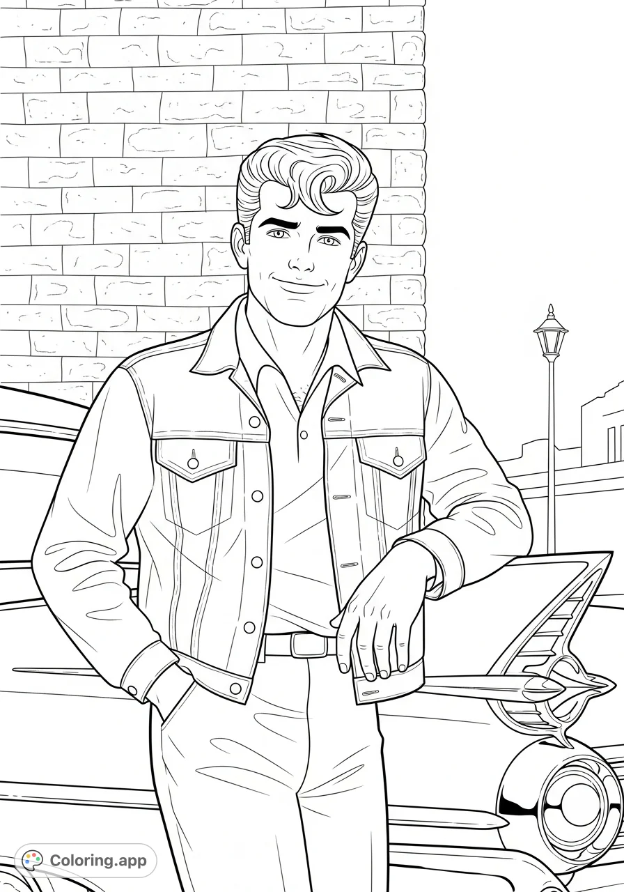 An engaging sodpop curtis coloring page featuring the beloved character in a classic greaser pose against a vintage car, perfect for fans.