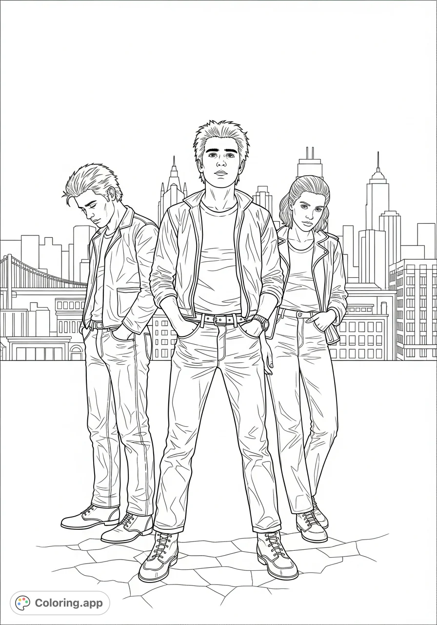 An iconic cover page from The Outsiders, featuring Ponyboy, Johnny, and Dally against a city skyline. A meaningful tribute to the classic novel.