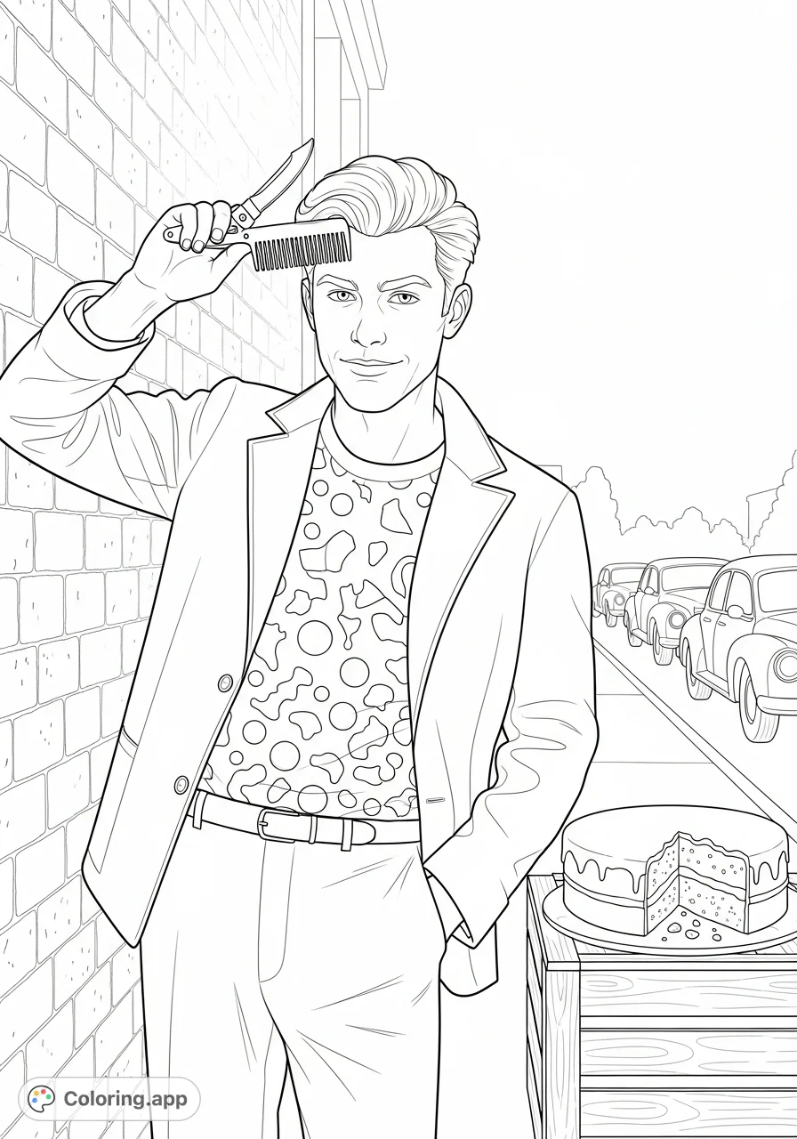 Capture the iconic wisecracker, Two-Bit Matthews, in this detailed coloring page. Features his classic comb, a slice of cake, and a vintage street scene.
