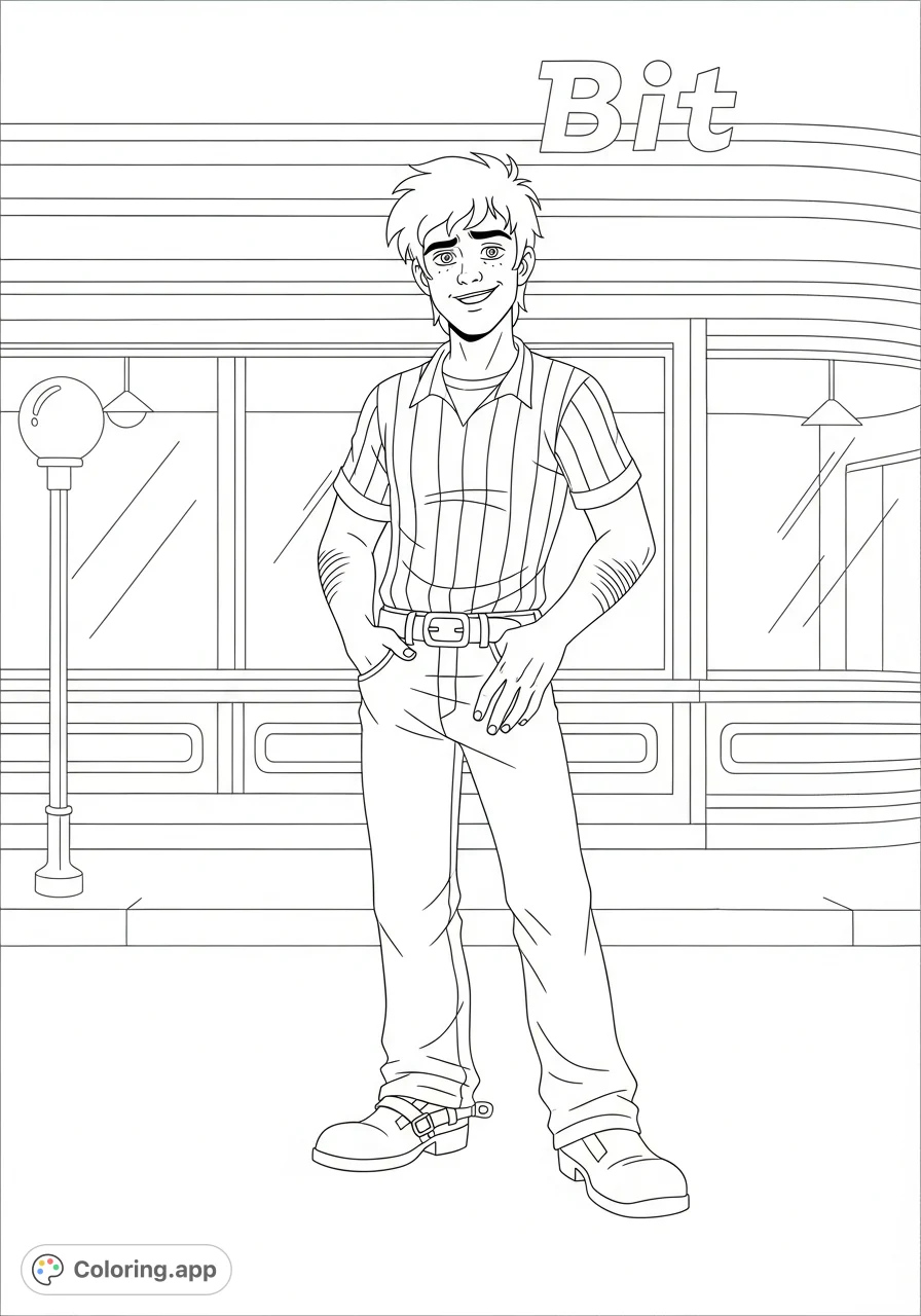 A dynamic Two-Bit coloring page featuring the mischievous character with a casual, unarmed stance against a classic diner backdrop. Perfect for fans.