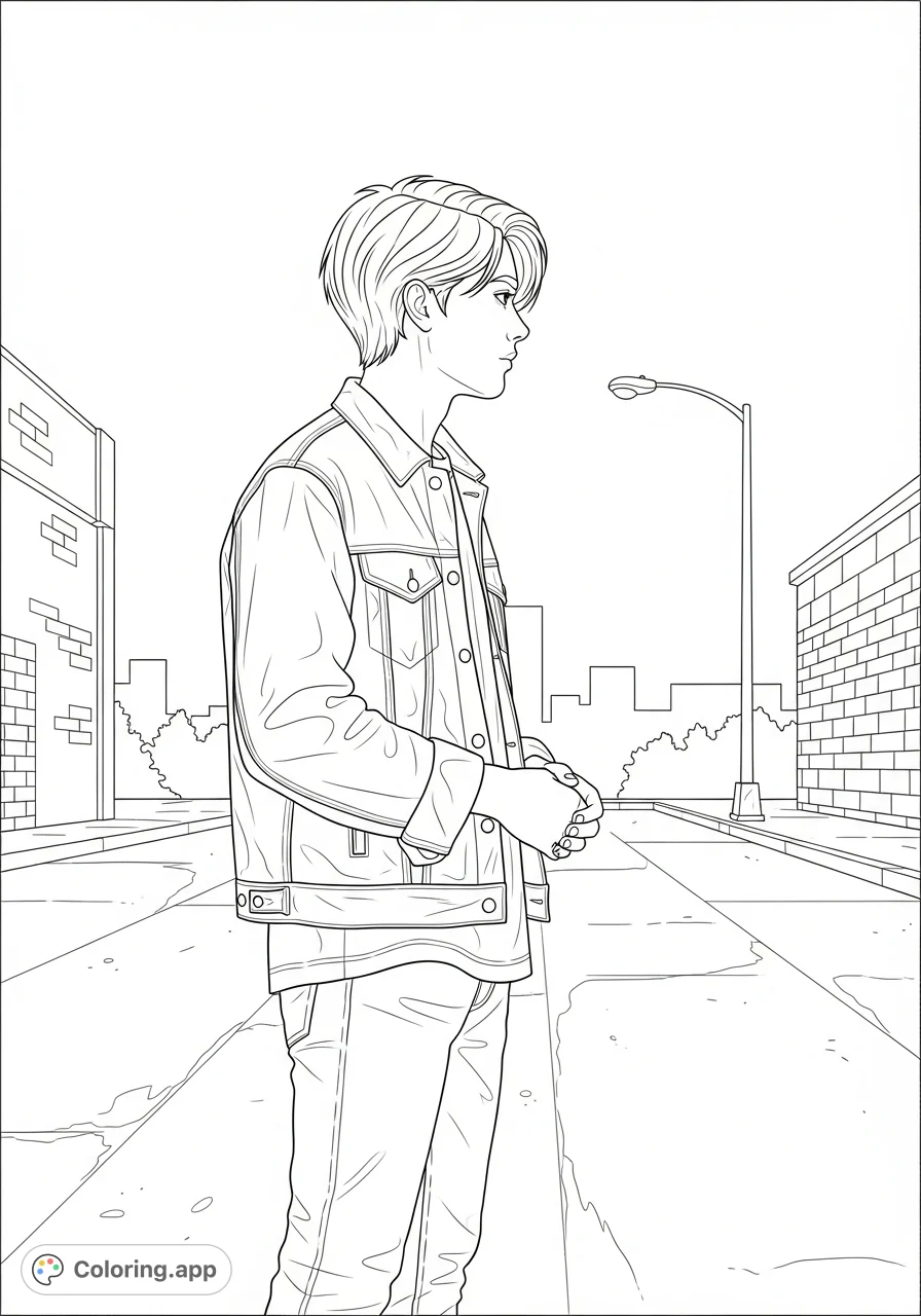 Capture the essence of solitude with this outsider coloring page featuring a lone figure on an urban street. Explore textures and shadows.