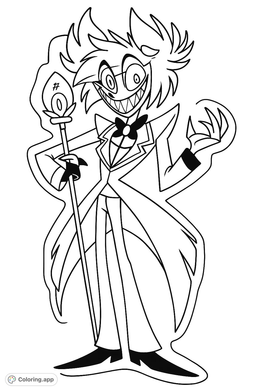 Unleash your creativity with this mischievous, antlered gentleman character! A dynamic pose, sharp grin, and unique staff offer a fun coloring challenge for fans.