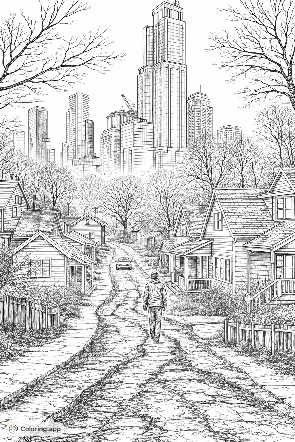 Explore a detailed futuristic cityscape coloring page, featuring a lone figure on a winding street leading to towering skyscrapers and illuminated houses. Free printable coloring page for a complex challenge.