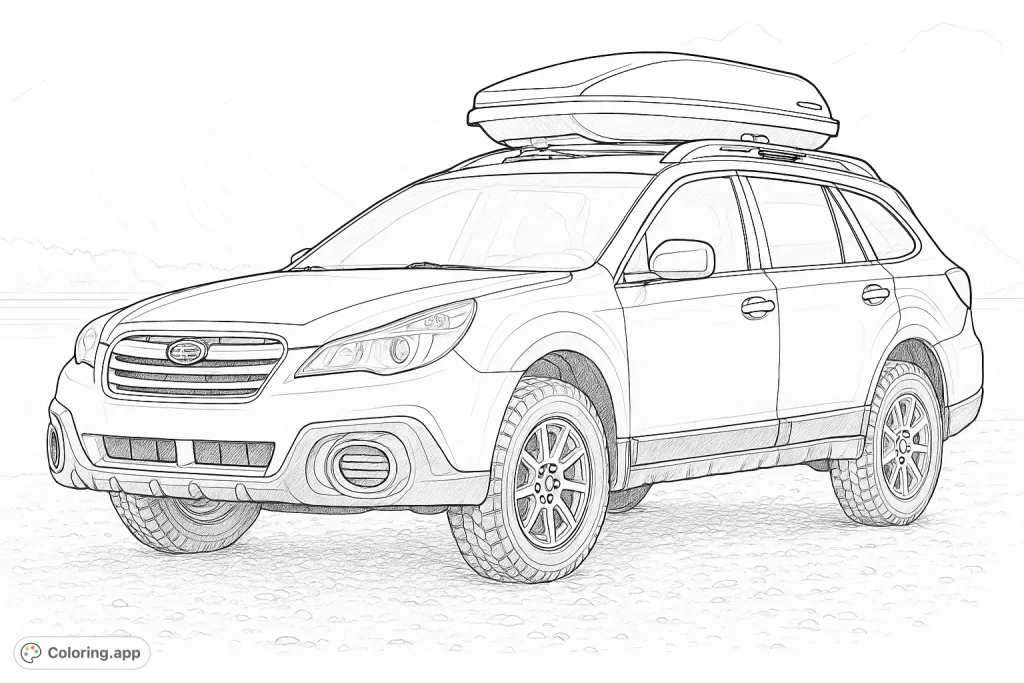 Embark on a coloring journey with this highly detailed adventurous wagon, featuring a roof box and all-terrain tires, set against a stunning mountain and water landscape.