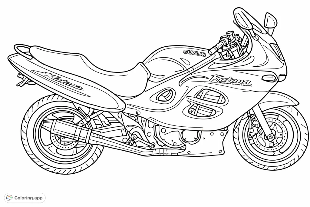 Color a detailed modern sports motorcycle with sleek fairings and intricate mechanical components, perfect for vehicle enthusiasts and detailed coloring fun.