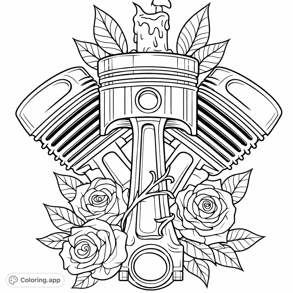 Unleash your creativity with this bold engine piston and rose design. Features intricate mechanical details intertwined with beautiful floral elements and a melting candle.