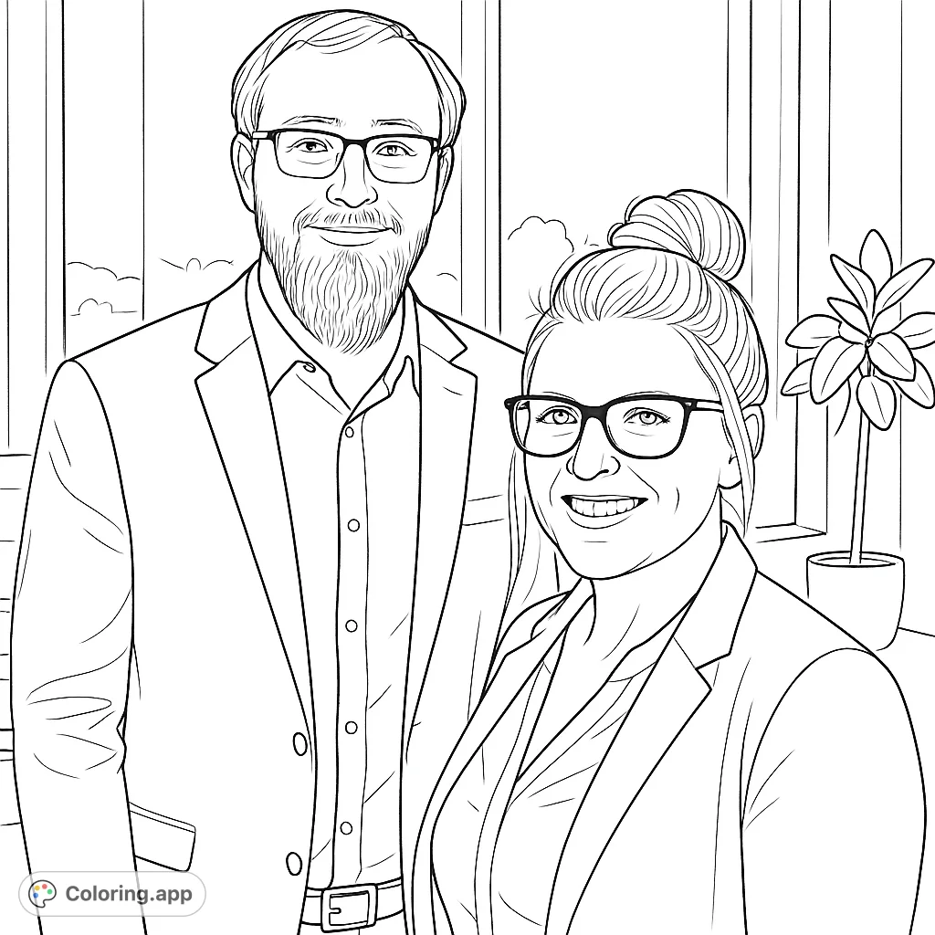 A detailed coloring page featuring a professional man and woman in an office setting, perfect for practicing shading and facial details.