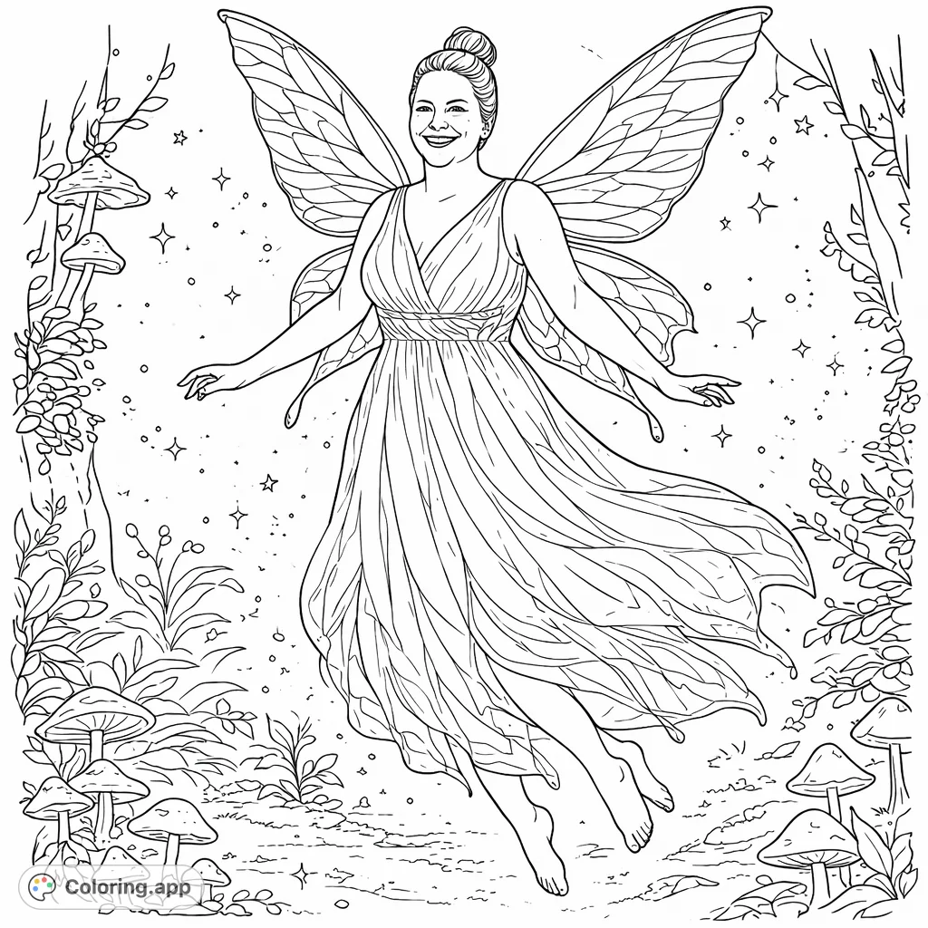 Float into a magical realm with this enchanting fairy coloring page. A smiling sprite with delicate wings glides through a mystical forest.