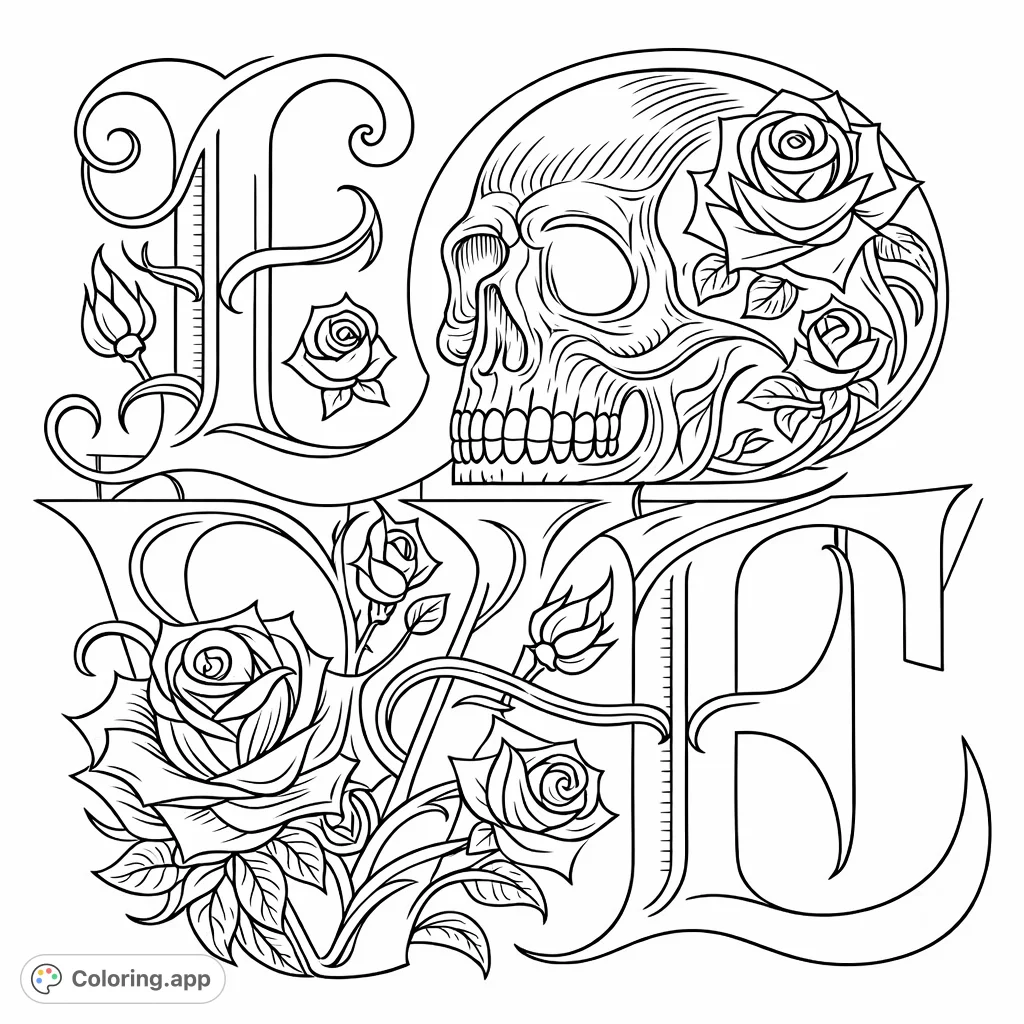 An intricate gothic love design featuring an ornately detailed skull within the letter 'O' of "LOVE," surrounded by elegant roses and decorative lettering.