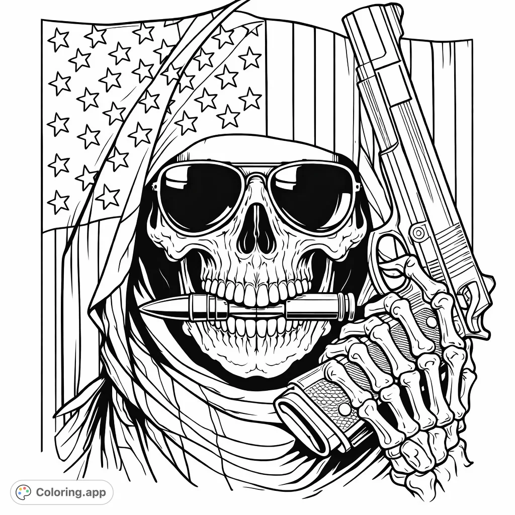 Dive into this striking patriotic skull coloring page, featuring a skull with sunglasses, a pistol, and a distressed flag design. Perfect for adult colorists.