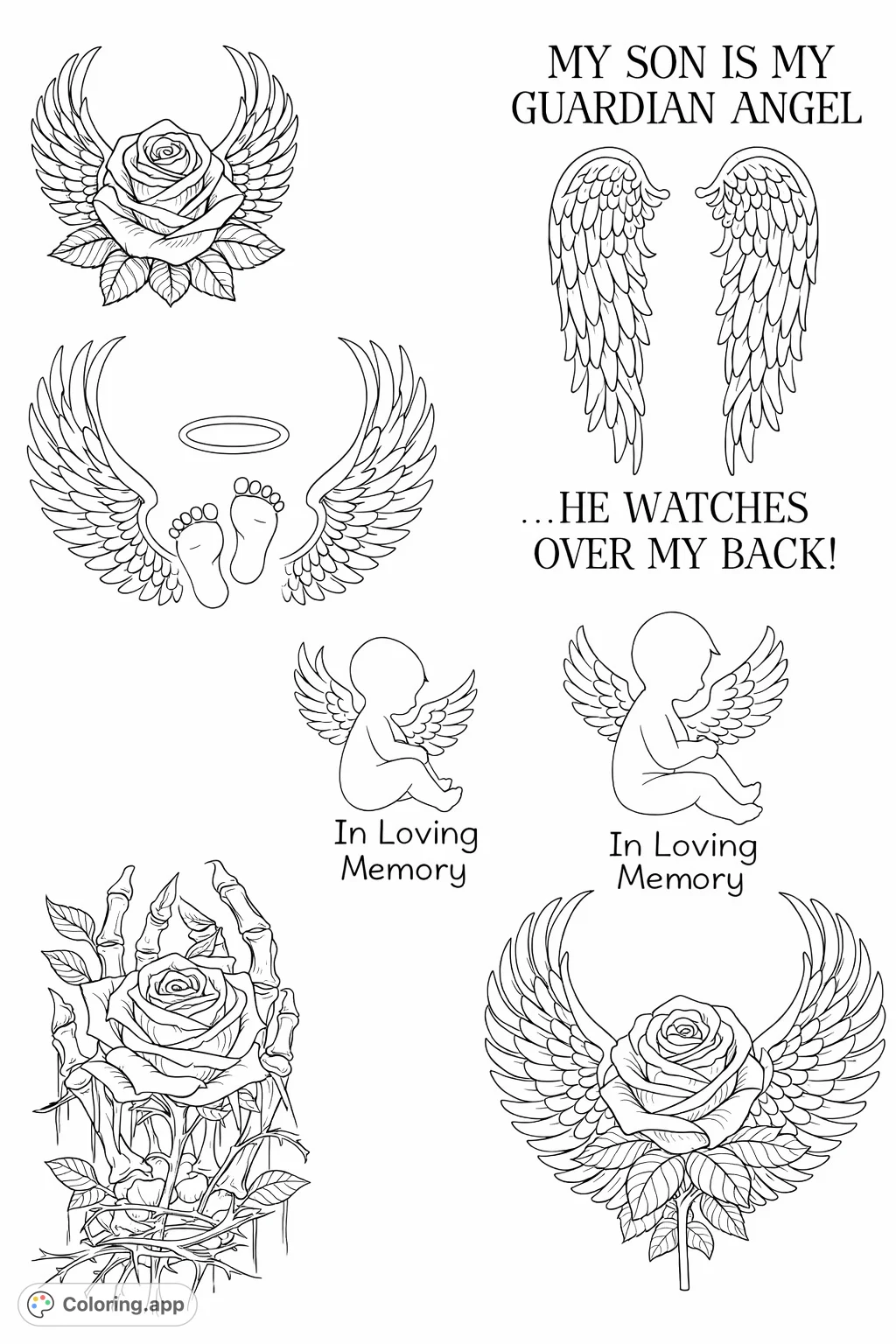 Explore intricate designs of winged roses, angelic baby feet, and skeletal hands holding blooms. A symbolic collection perfect for reflection and creative expression.