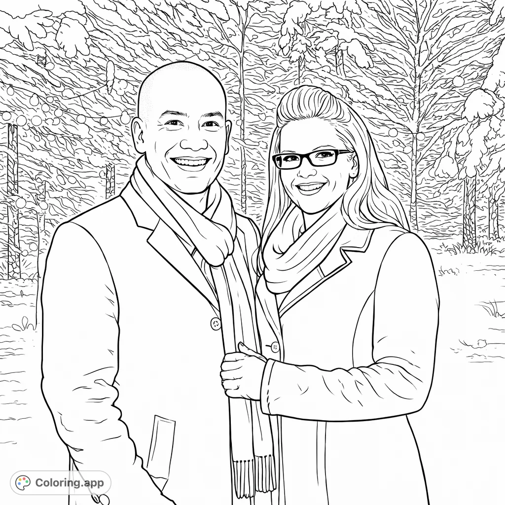 A joyful couple embraces the winter wonderland, surrounded by snow-laden trees and festive lights. A heartwarming scene perfect for holiday coloring.