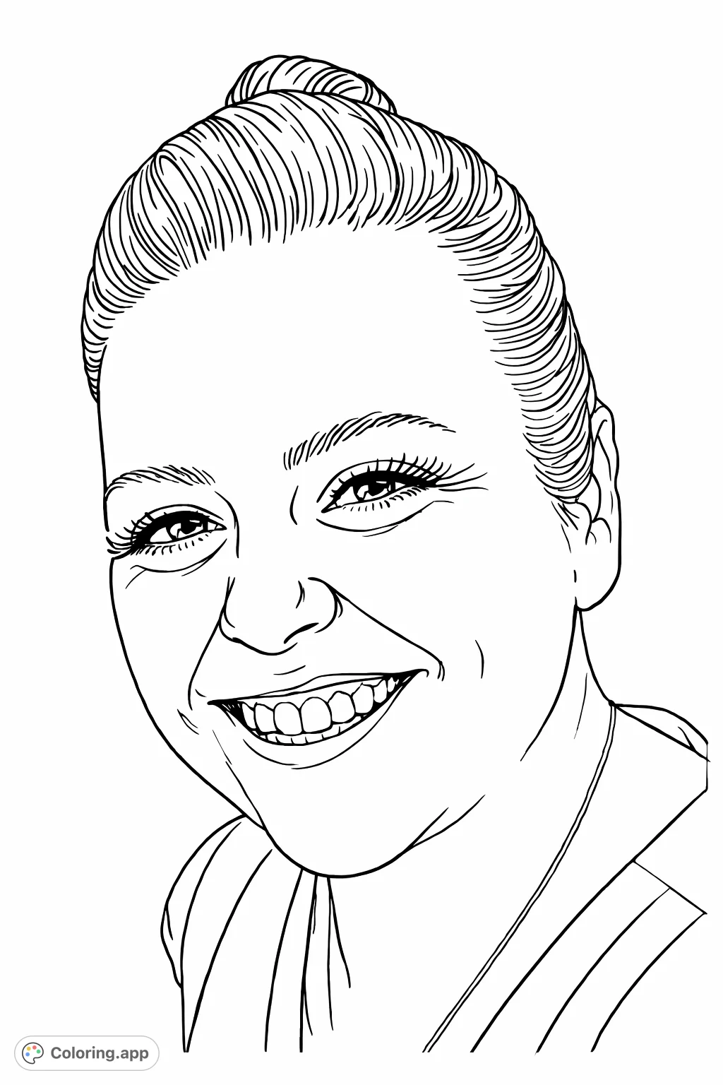 Capture joy with this smiling woman portrait coloring page. A delightful depiction featuring expressive eyes, a broad smile, and textured hair.