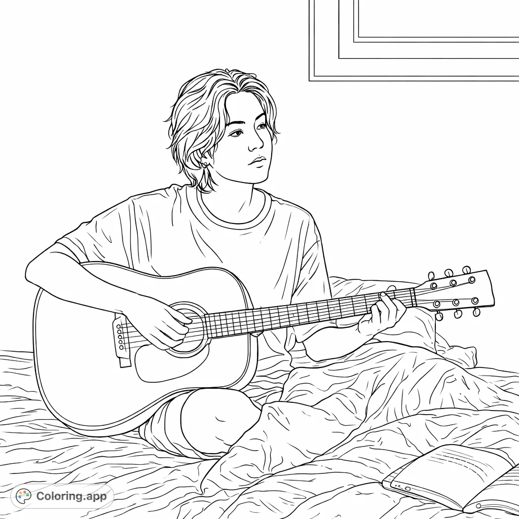 Capture a serene moment with a musician playing guitar on a bed. This free printable coloring page offers a relaxing escape for music lovers and artists.