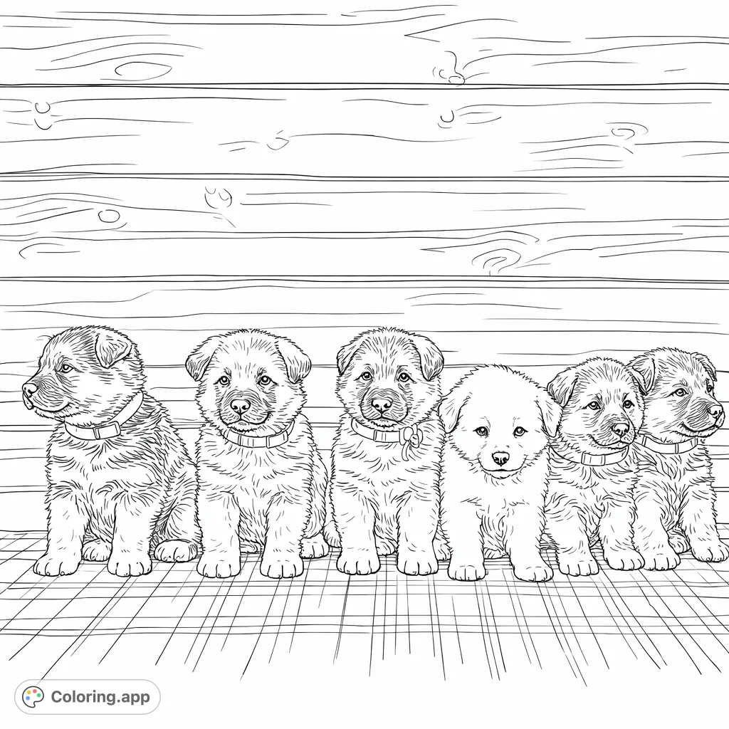 An adorable lineup of fluffy puppies waiting to be brought to life with your favorite colors! Featuring unique markings and a charming pose.