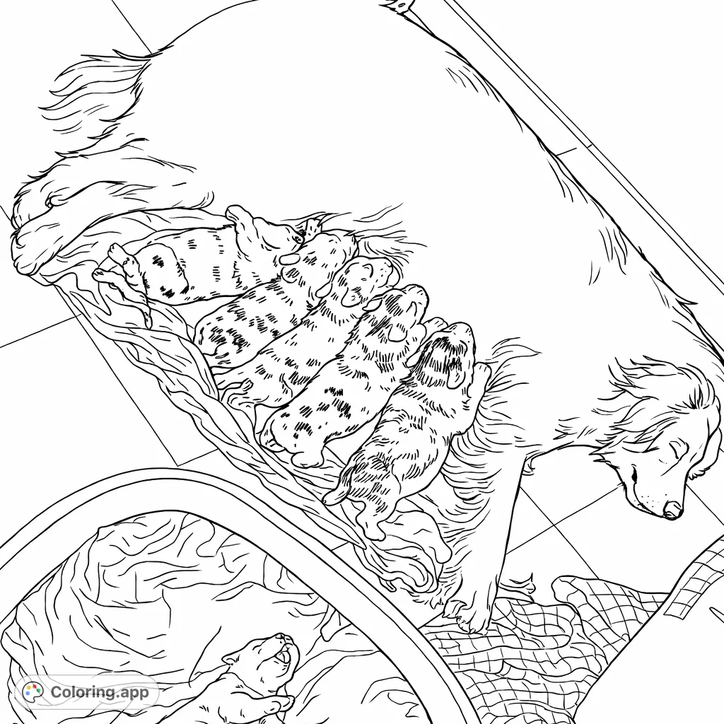 Cuddle up with this adorable mother dog and her litter of puppies! A heartwarming scene perfect for pet lovers and a relaxing coloring experience for all ages.