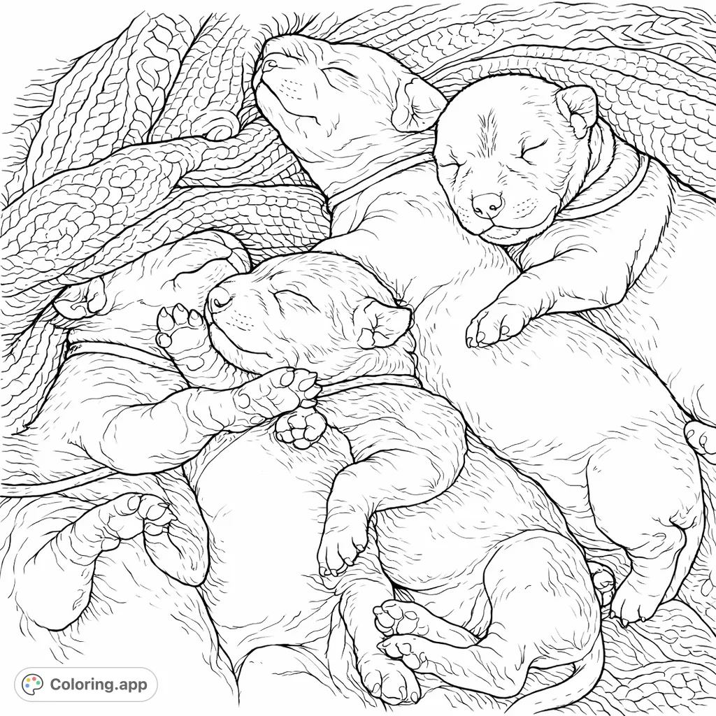 A heartwarming puppy pile, featuring five adorable, sleeping pups nestled in a soft, textured blanket. Perfect for a relaxing coloring experience.