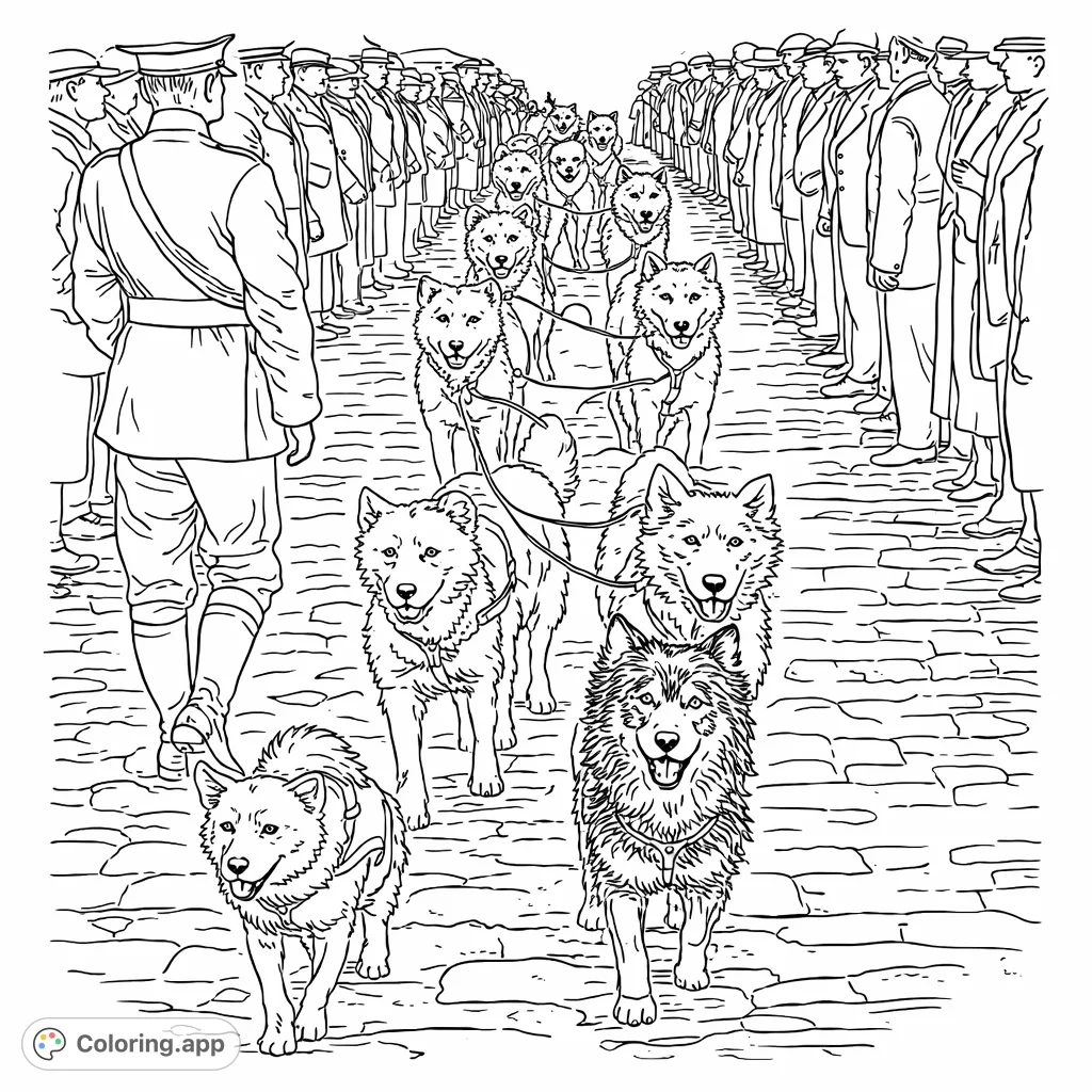 Join a unique parade! A line of uniformed individuals marches alongside numerous noble dogs in a bustling outdoor procession.