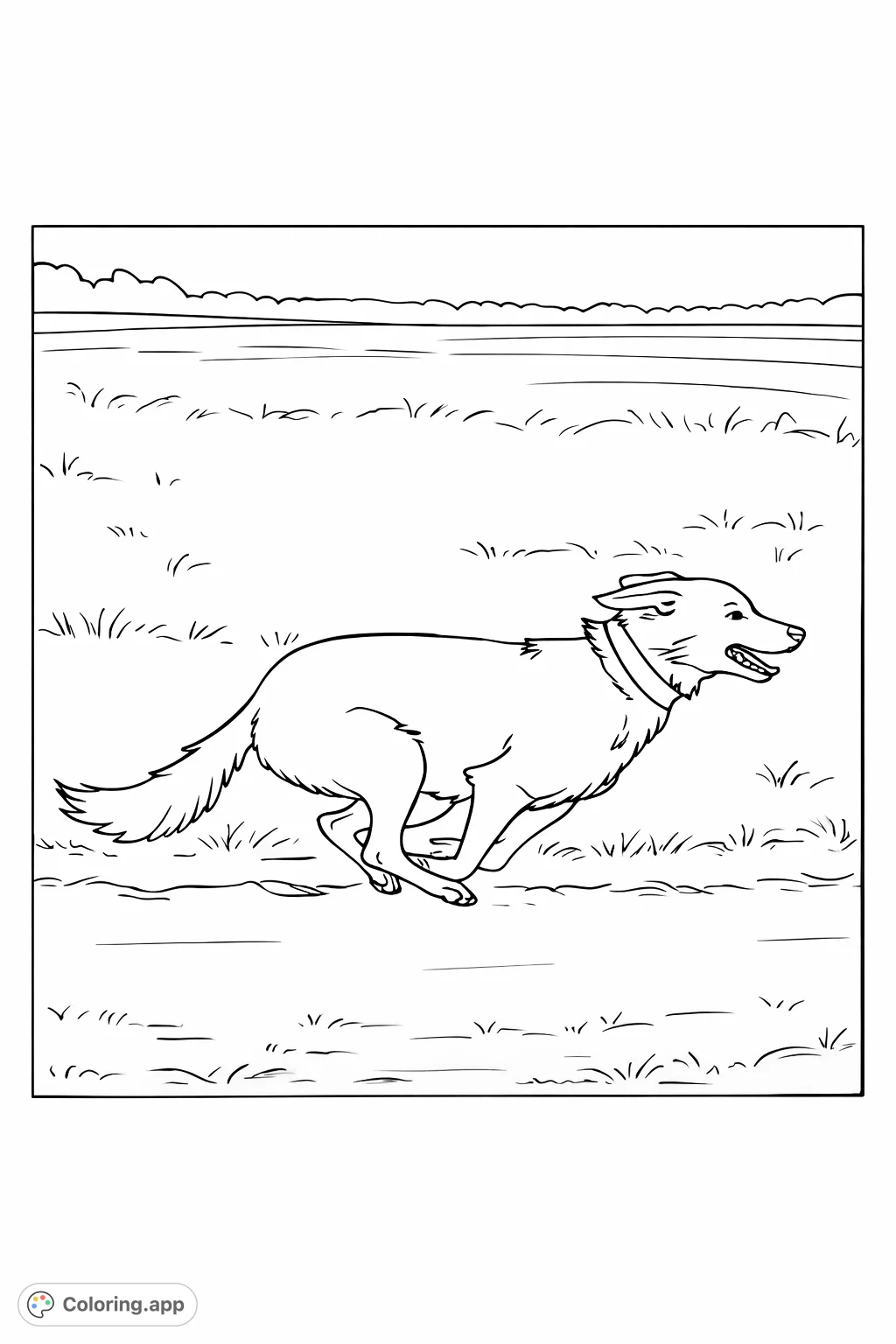 Capture the dynamic energy of a swift-running dog mid-stride across an open field. This active canine scene is perfect for all ages to color and enjoy.