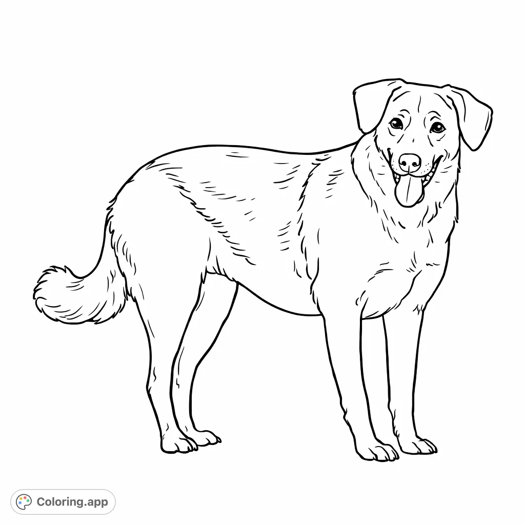 A delightful coloring page featuring a happy, standing dog with floppy ears and a wagging tail, perfect for animal lovers of all ages.