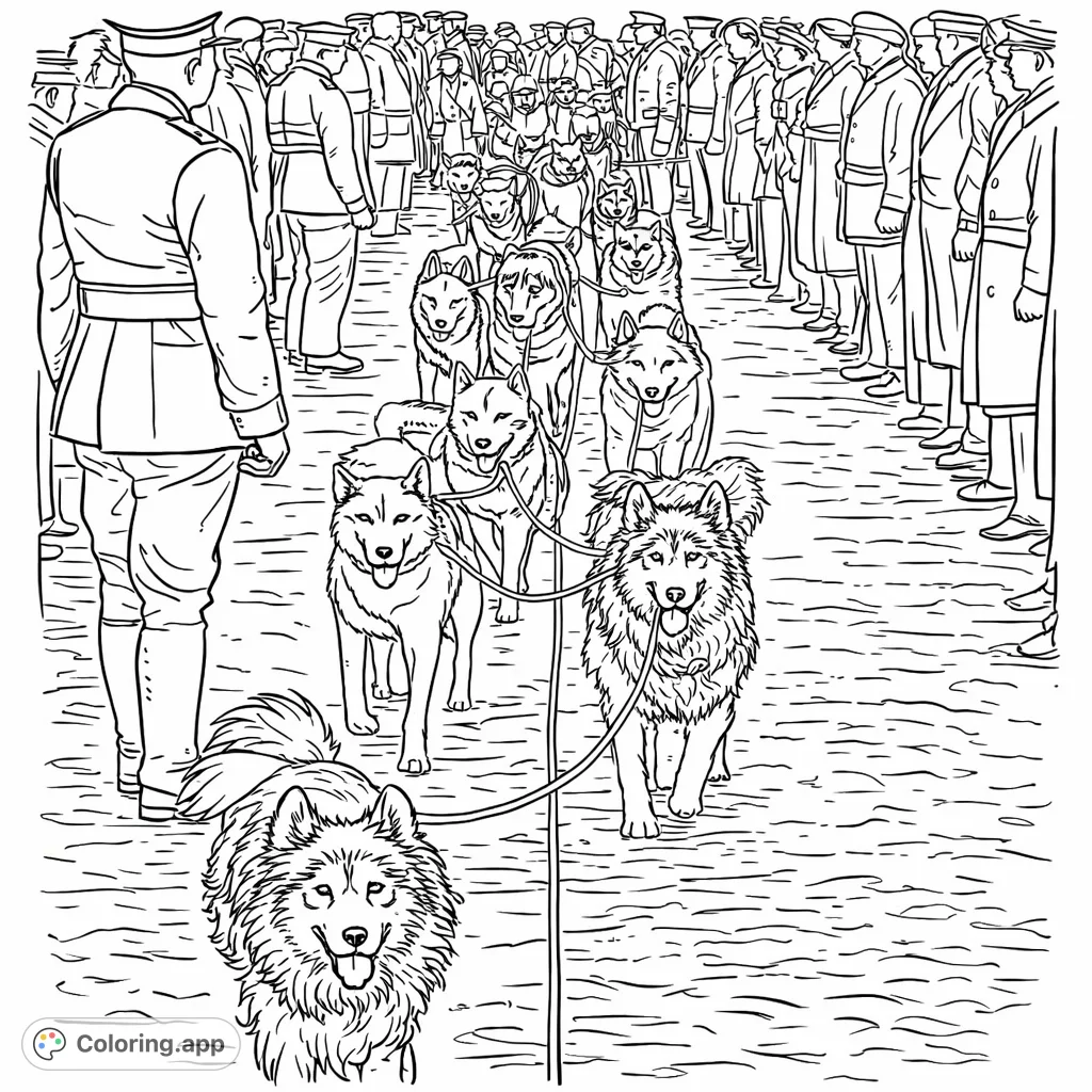 A vintage-inspired coloring page featuring a grand parade of dogs led by uniformed figures, celebrating canine companions in a unique procession.